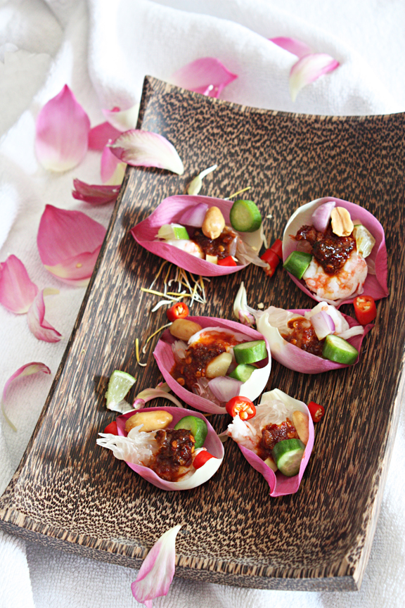 pomelo shrimp salad in lotus petals