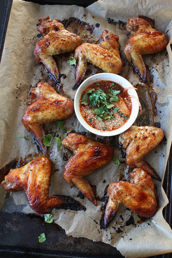 Thai Baked Chicken Wings with Dried Chili Dipping Sauce by SheSimmers.com